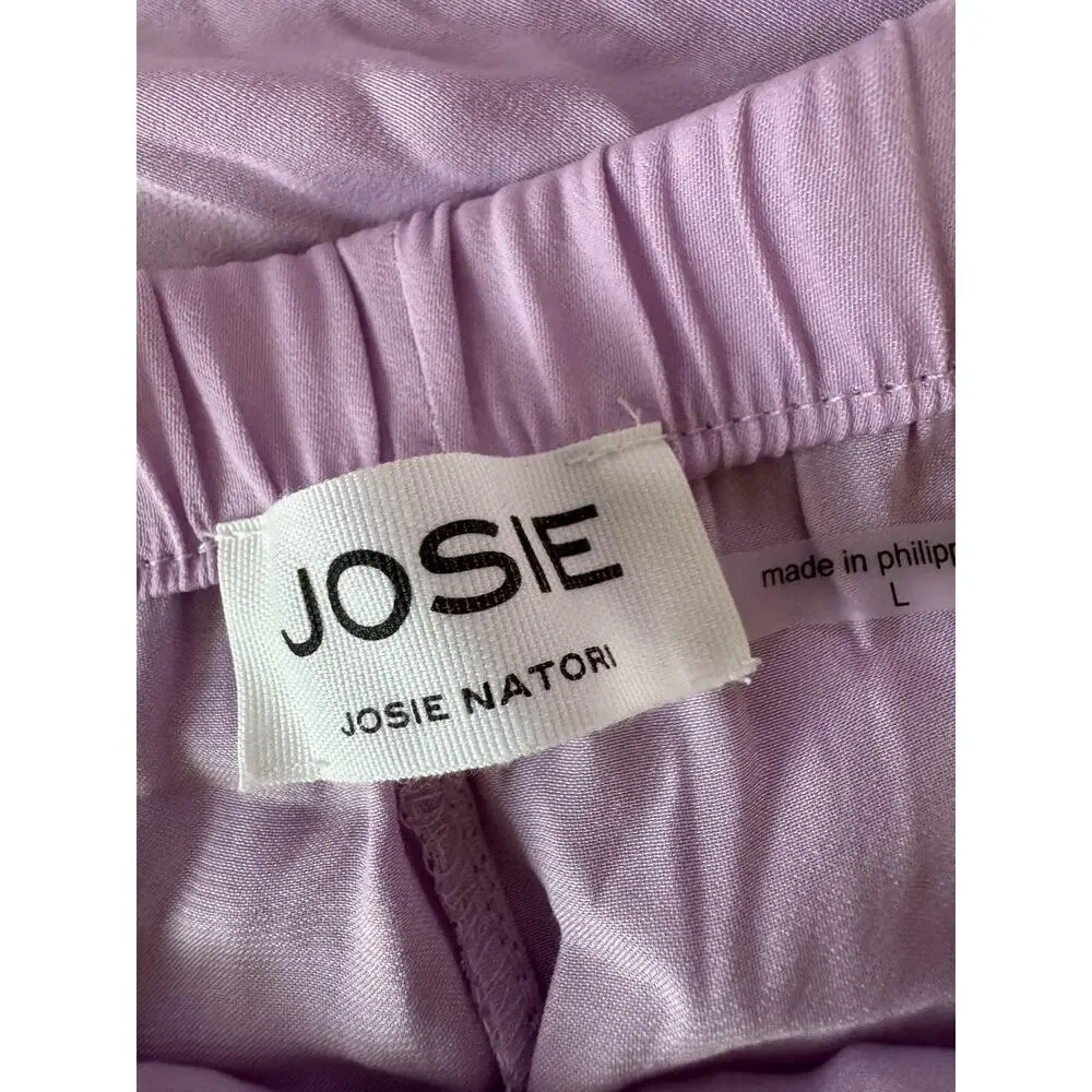 Josie Natori Satin Pajama Set Womens Large Lavender Lace Trim Cami Shorts